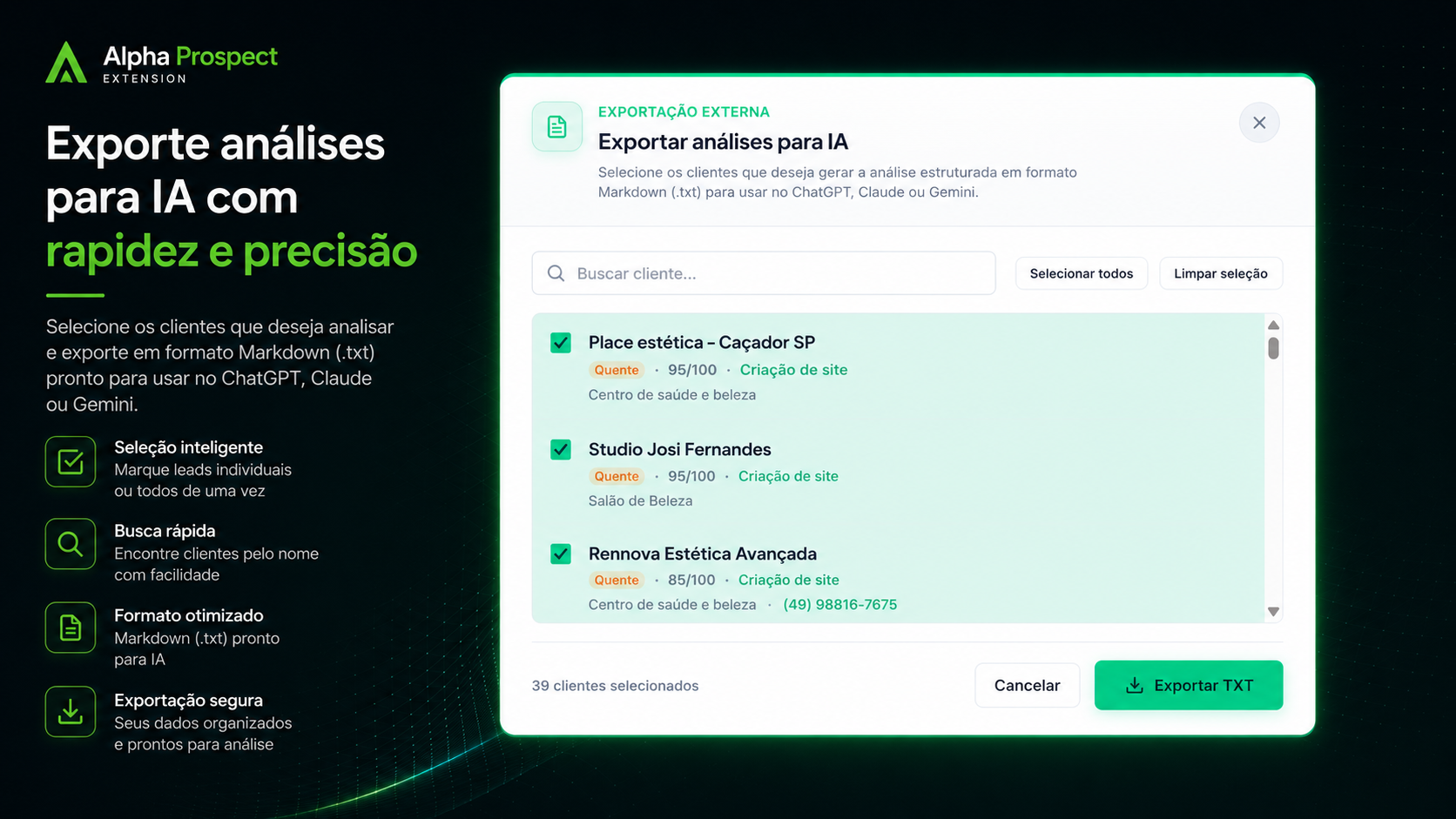 Exportação de dados no Alpha Prospect