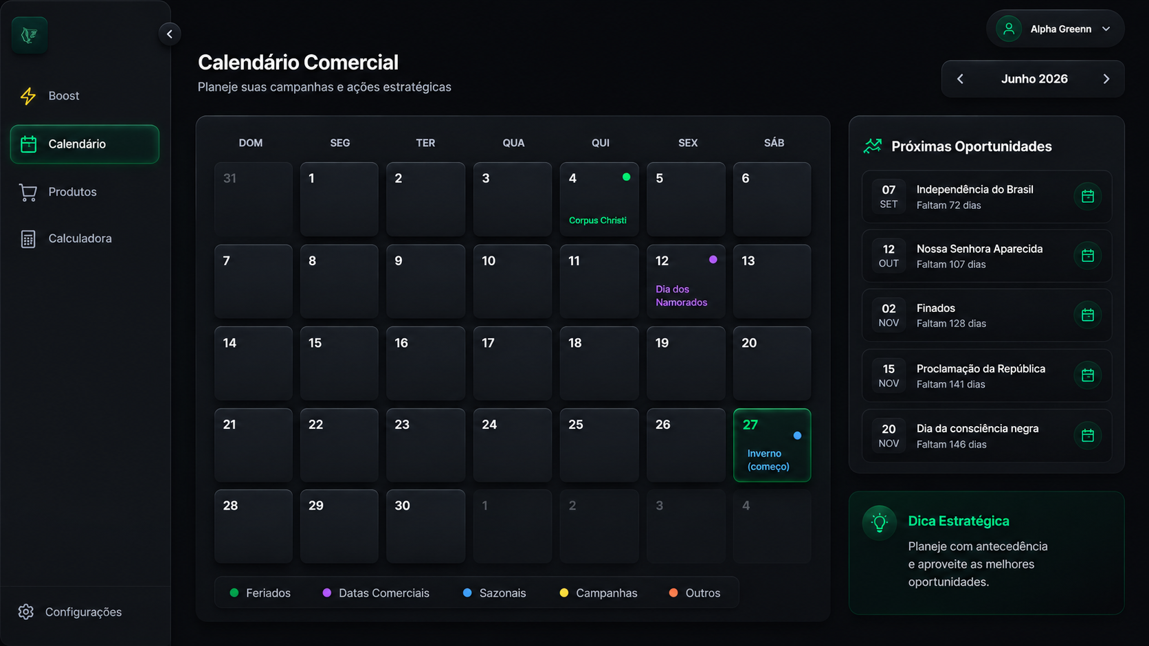 Calendário do App E-commerce